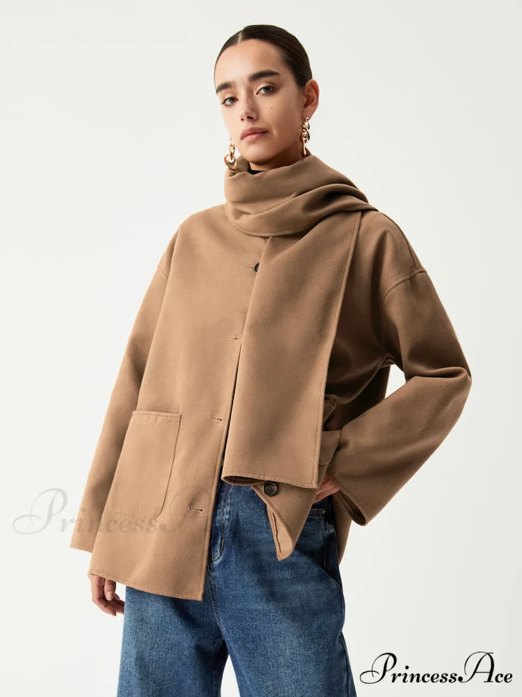 Double Pockets Cotton Blend Modern Jacket With Matching Scarf Brown / S
