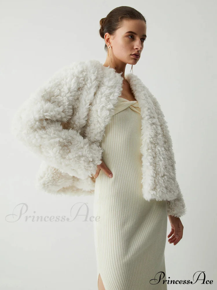 Double Pockets Graceful Fleece Jacket Beige / XS