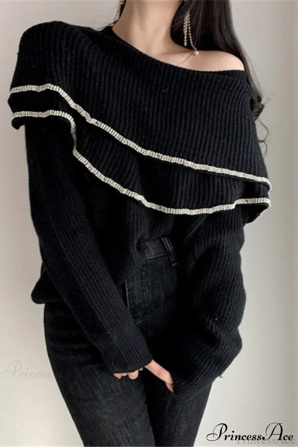 Double Ruffled Off-Shoulder French Vintage Knit Top