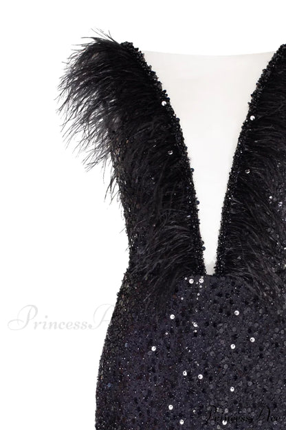 Dramatic Cocktail Dress On Straps Trendy Decorated With Sequins And Feathers