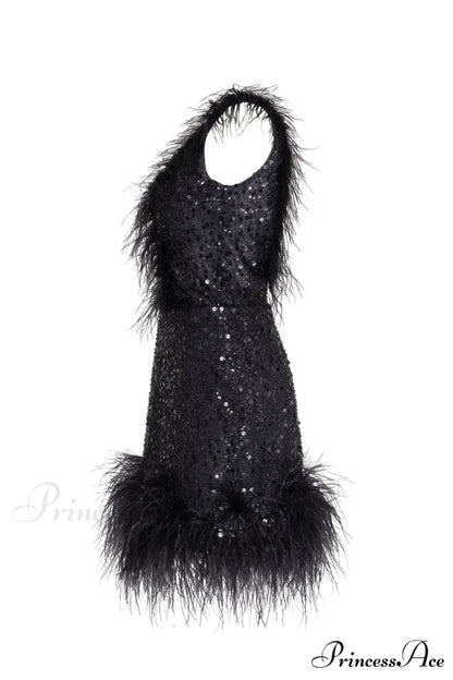 Dramatic Cocktail Dress On Straps Trendy Decorated With Sequins And Feathers