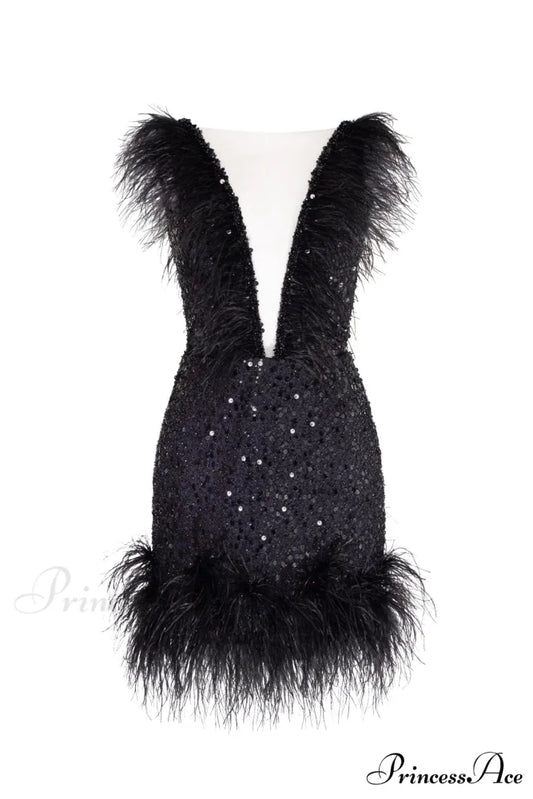 Dramatic Cocktail Dress On Straps Trendy Decorated With Sequins And Feathers XXS / Black