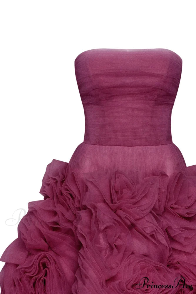 Dramatically Flowered Tulle Charming Dress In Wine Color