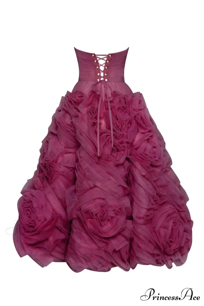 Dramatically Flowered Tulle Charming Dress In Wine Color