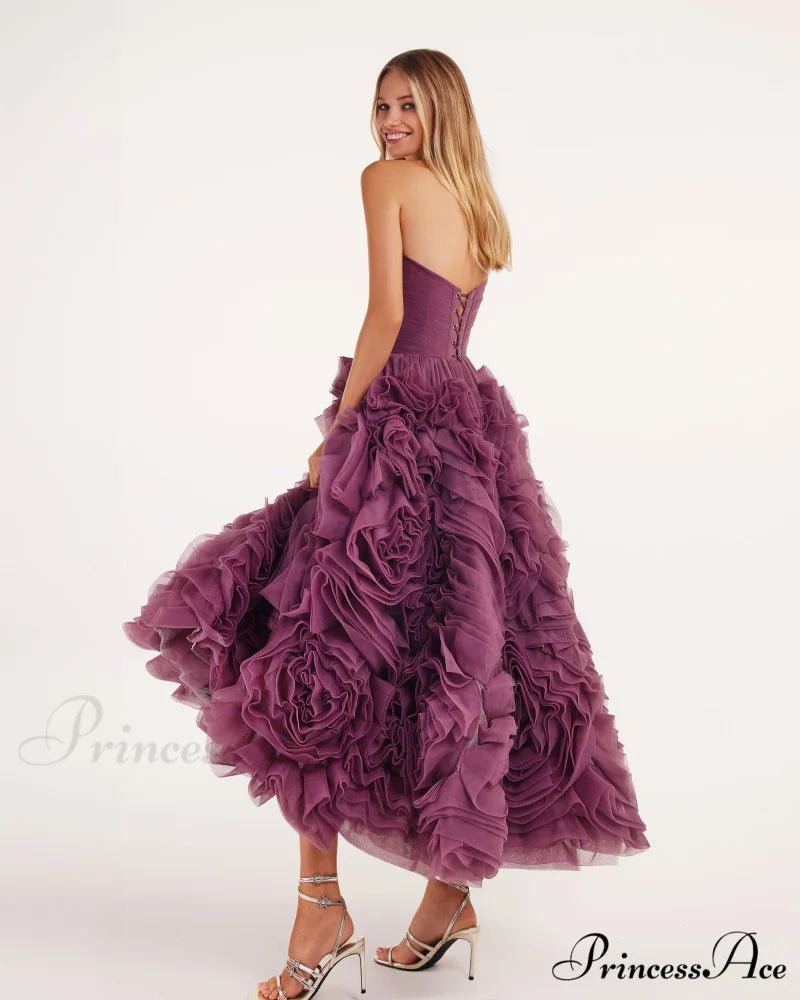 Dramatically Flowered Tulle Charming Dress In Wine Color