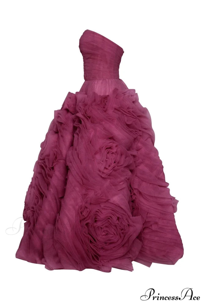 Dramatically Flowered Tulle Charming Dress In Wine Color