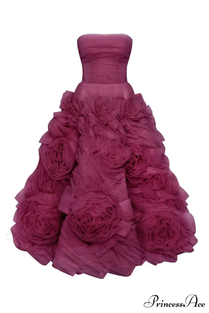 Dramatically Flowered Tulle Charming Dress In Wine Color XXS / Wine