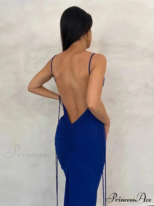 Draped Backless Maxi Dress dark blue / S