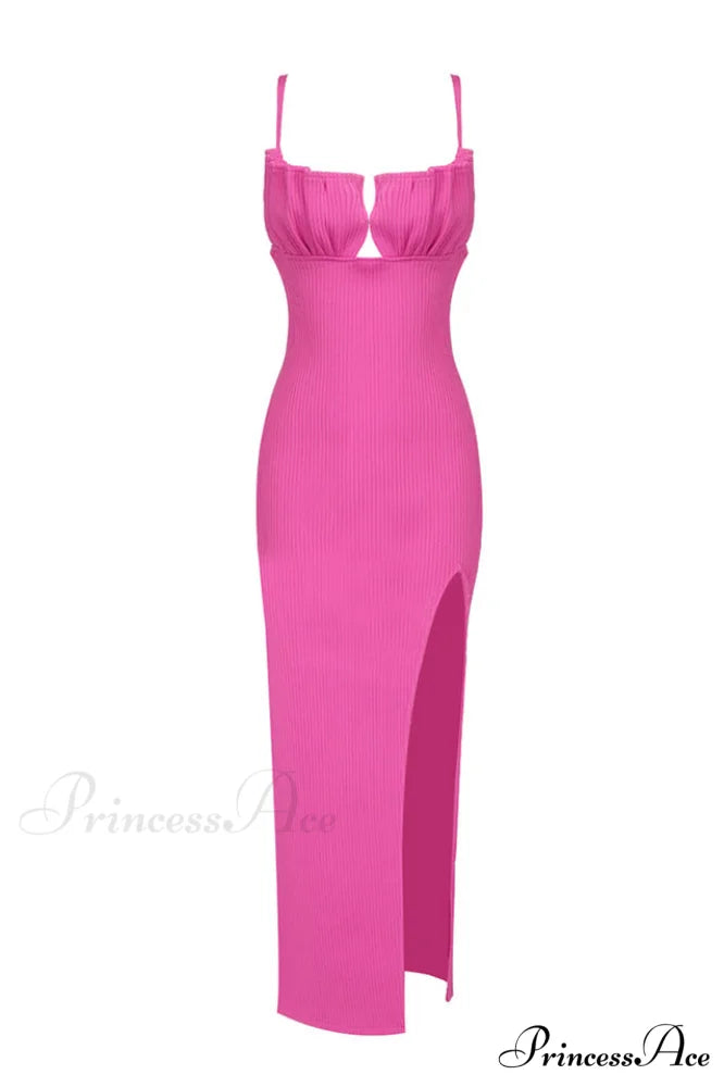 Draped Bustier Stylish Ribbed Midi Dress XS / Hot Pink
