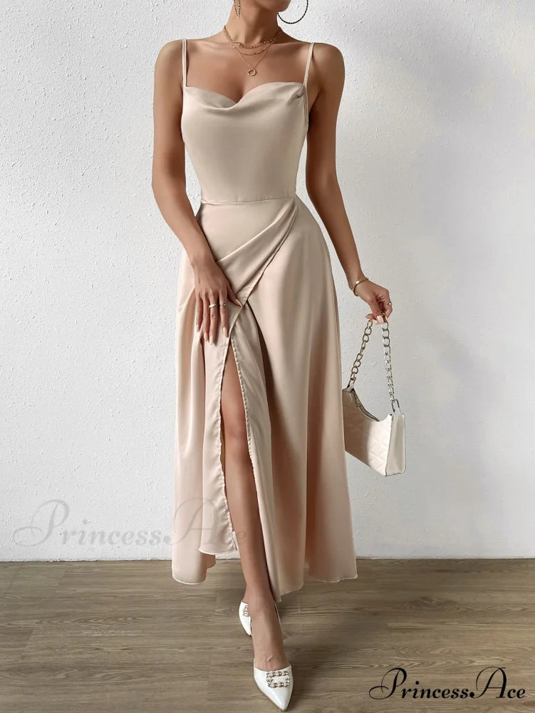 Draped Collar Wrap Hem Cami Dress Apricot / XS