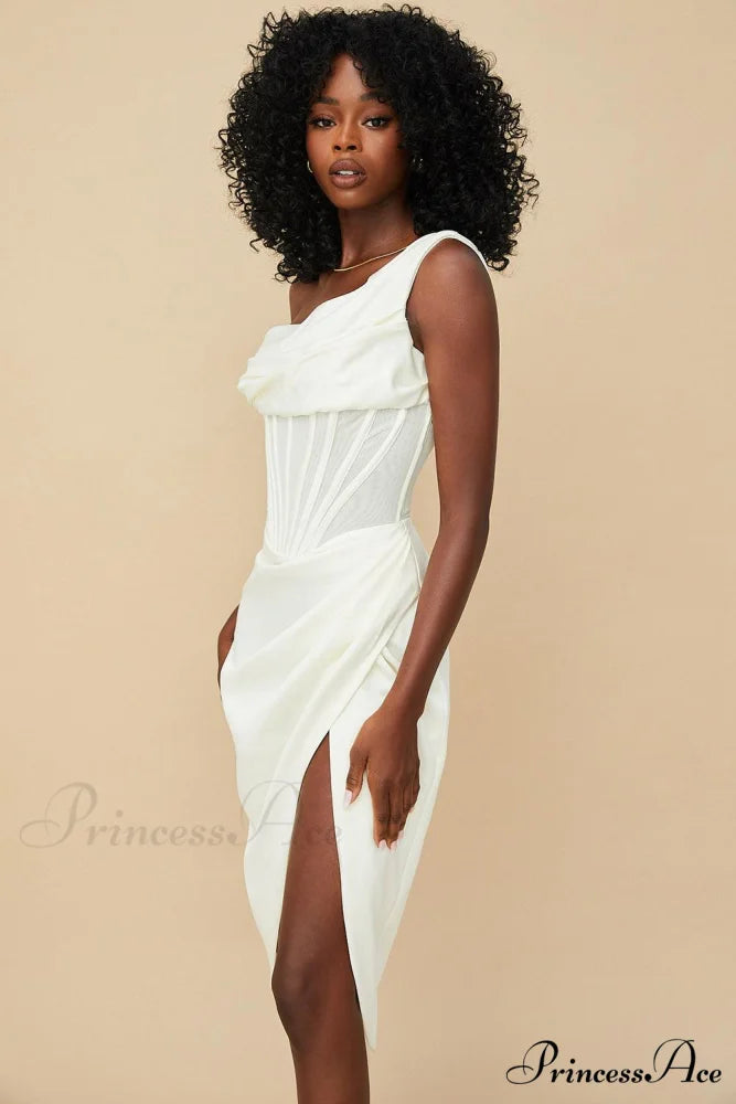 Draped Diva One-Shoulder Charming Corset Bodycon Midi Dress