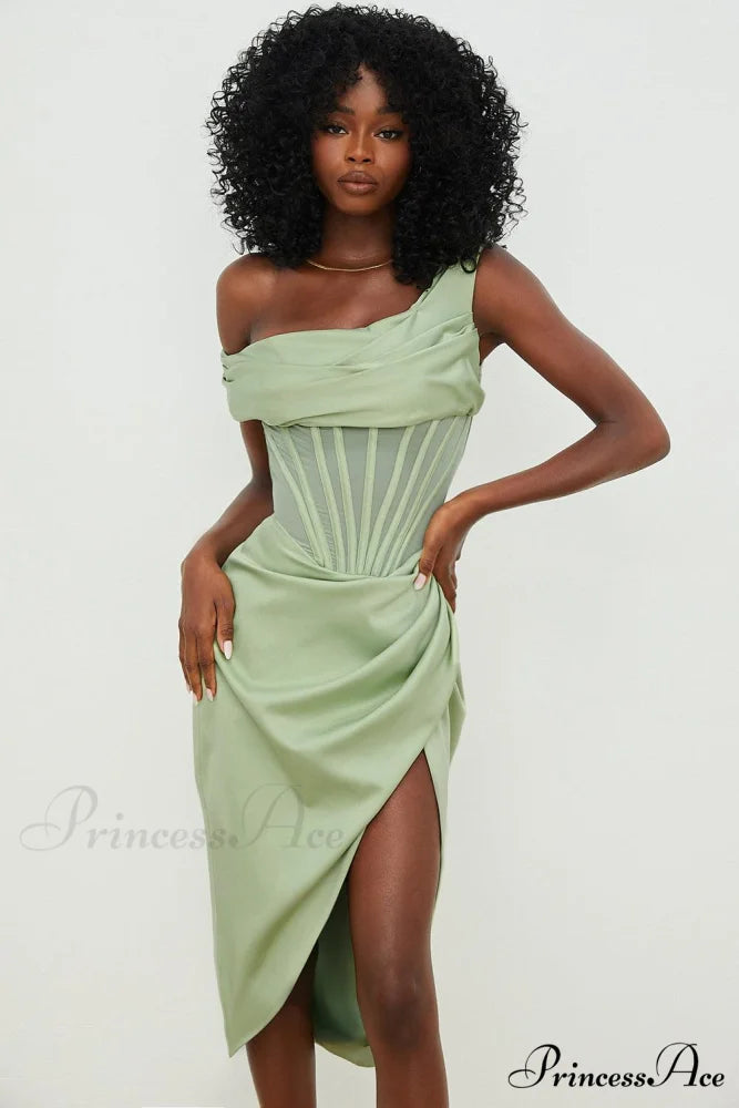 Draped Diva One-Shoulder Charming Corset Bodycon Midi Dress