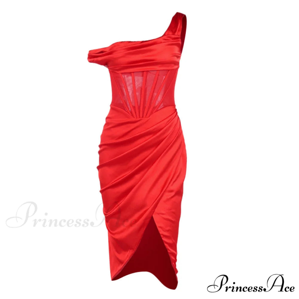 Draped Diva One-Shoulder Charming Corset Bodycon Midi Dress