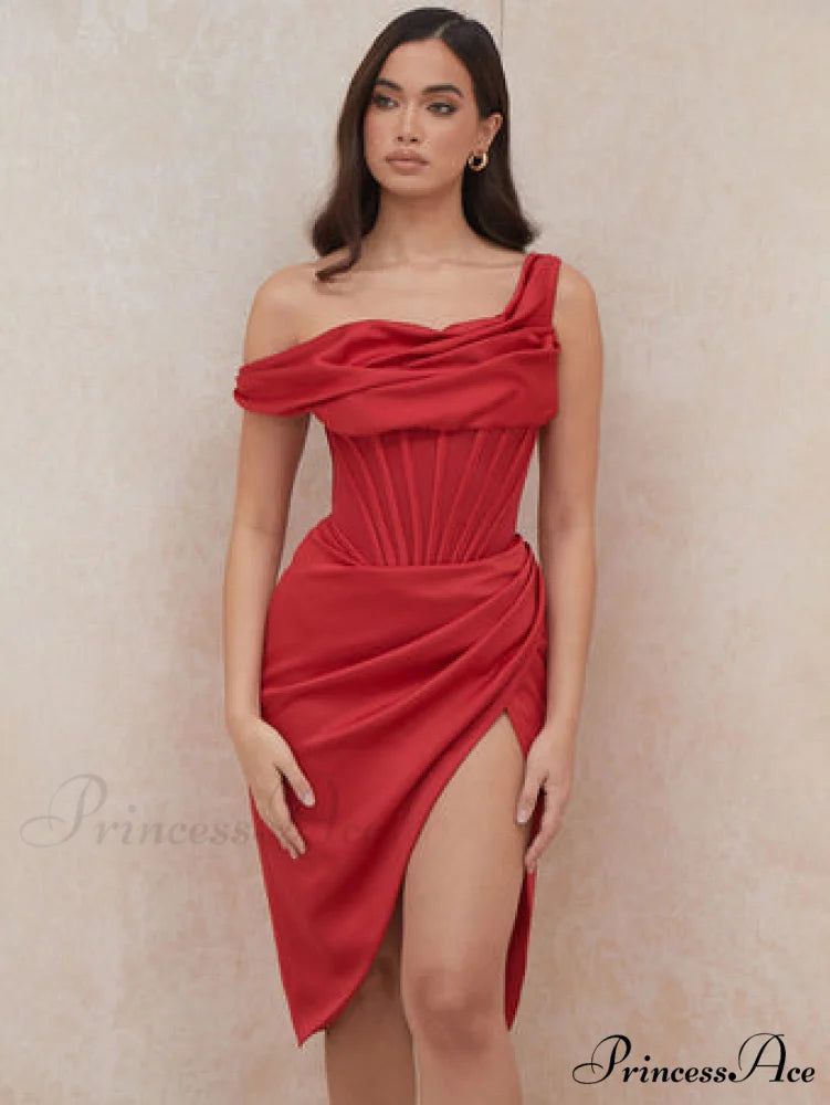 Draped Diva One-Shoulder Charming Corset Bodycon Midi Dress M / White