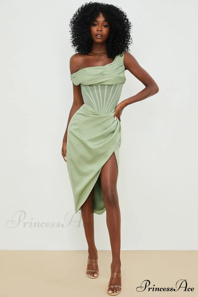 Draped Diva One-Shoulder Charming Corset Bodycon Midi Dress S / Sage