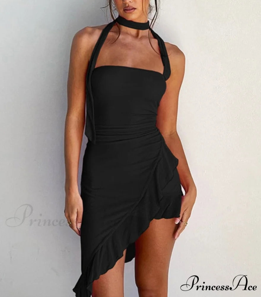 Draped Frill Stylish Tube Mini Dress Black / S
