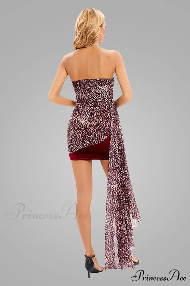 Draped Leopard Mesh Charming Velvet Mini Dress