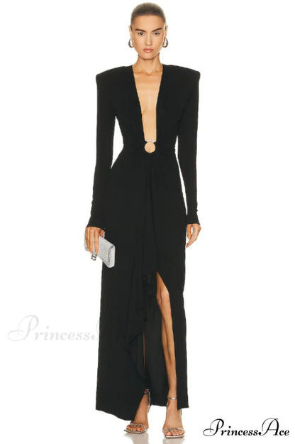 Draped Ring Detailed Charming Deep V Neck Dress
