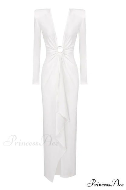 Draped Ring Detailed Charming Deep V Neck Dress XS / White