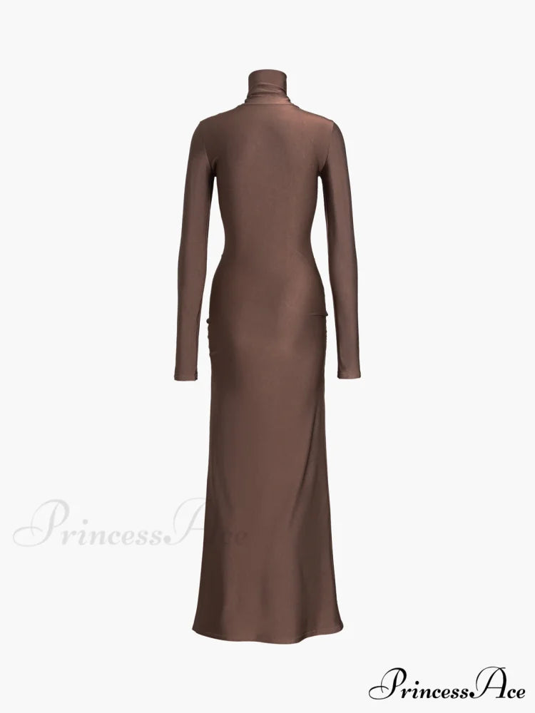 Draped Turtleneck Low Trendy Waist Twist Long Dress
