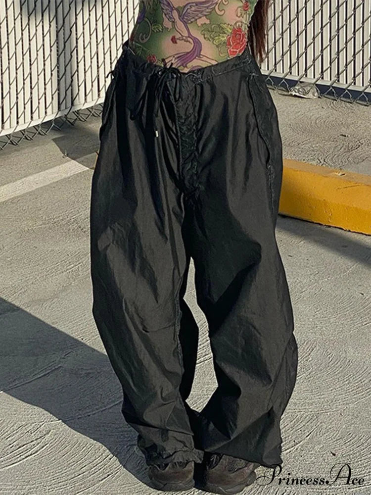 Drawstring Baggy Y2K Cargo Pants Black 1 / S