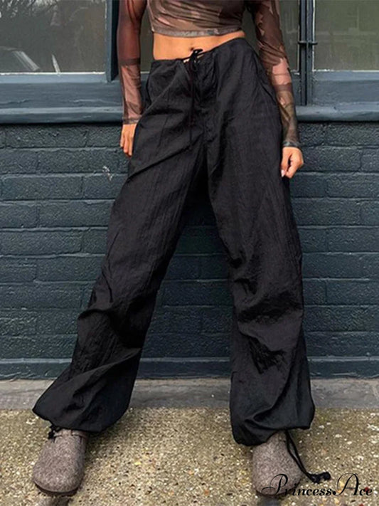 Drawstring Baggy Y2K Cargo Pants Black / S