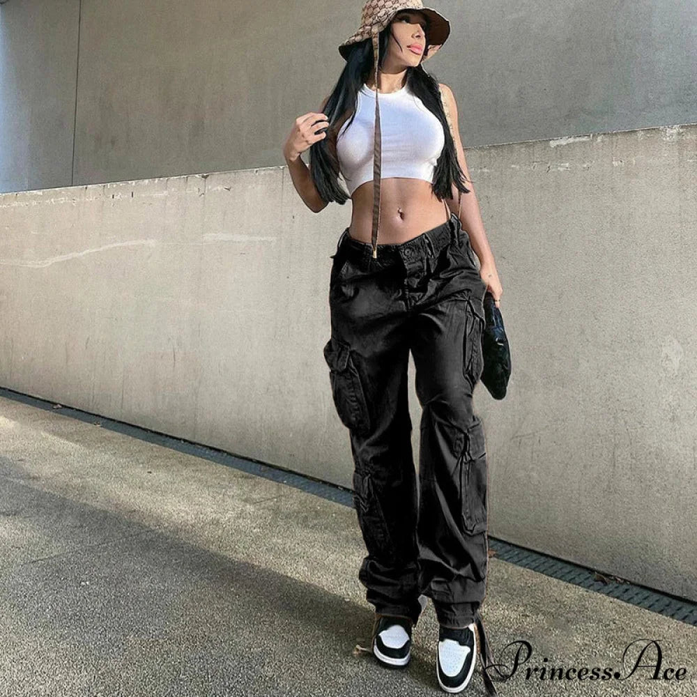 Drawstring Baggy Y2K Cargo Pants Black Thick / S