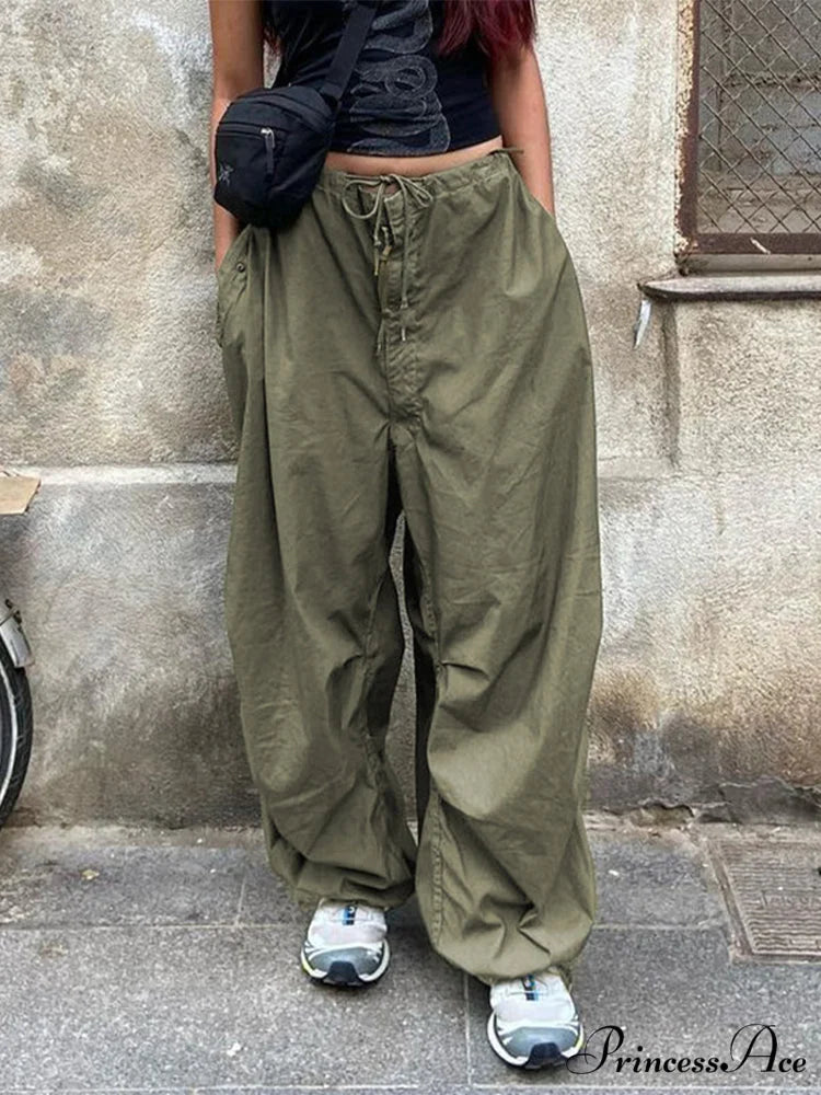 Drawstring Baggy Y2K Cargo Pants Green 1 / S