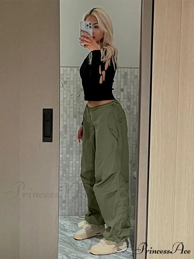 Drawstring Baggy Y2K Cargo Pants Green 2 / S