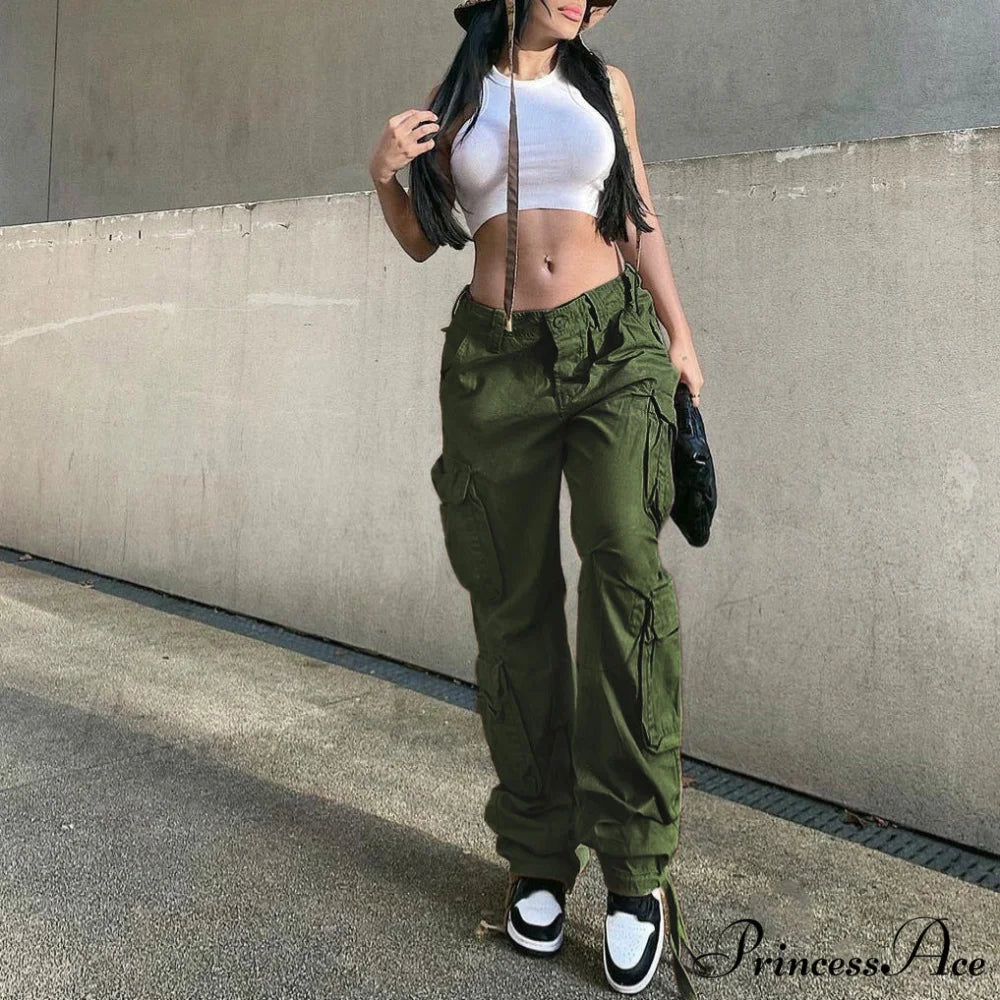Drawstring Baggy Y2K Cargo Pants Green Thick / S