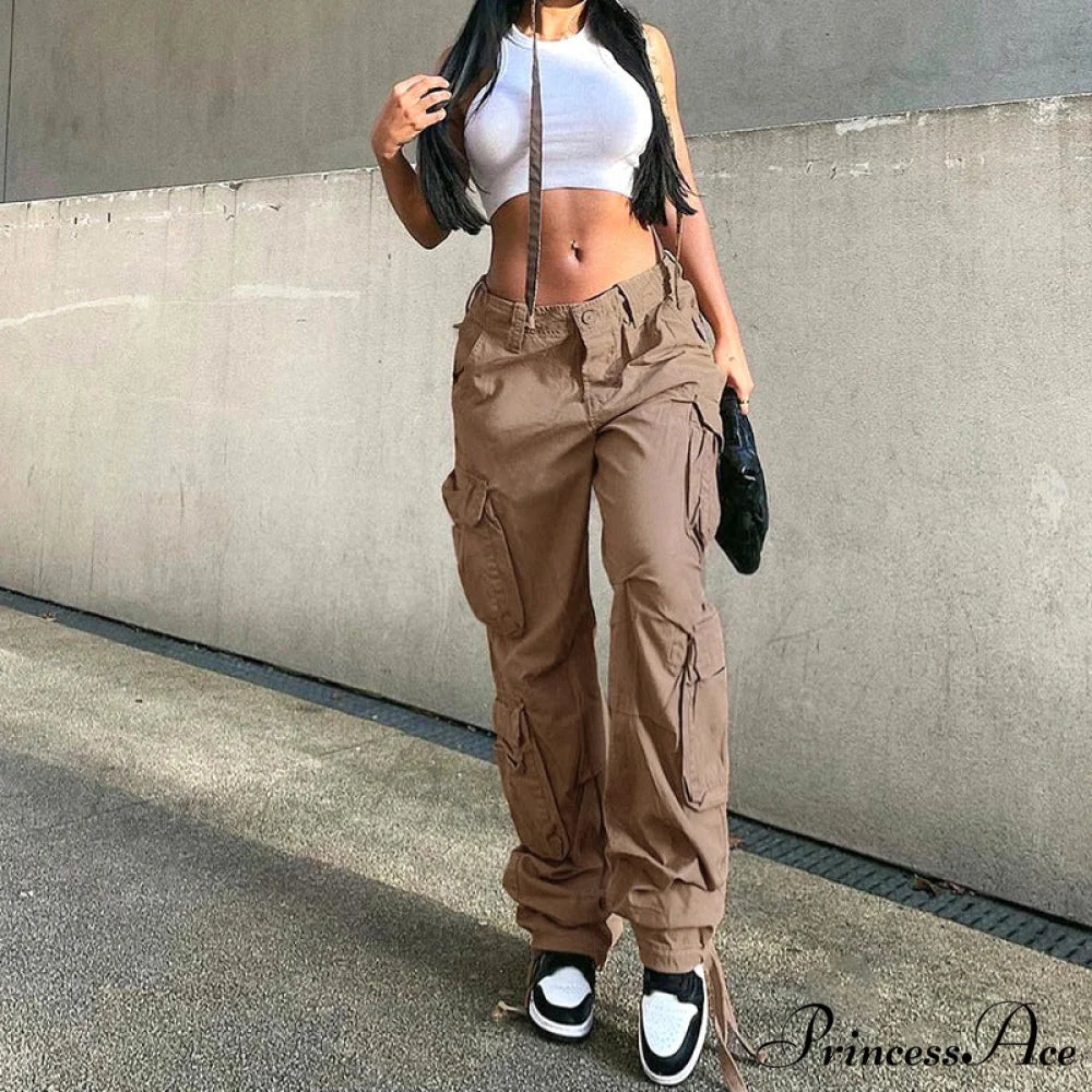 Drawstring Baggy Y2K Cargo Pants Khaki Thick / S