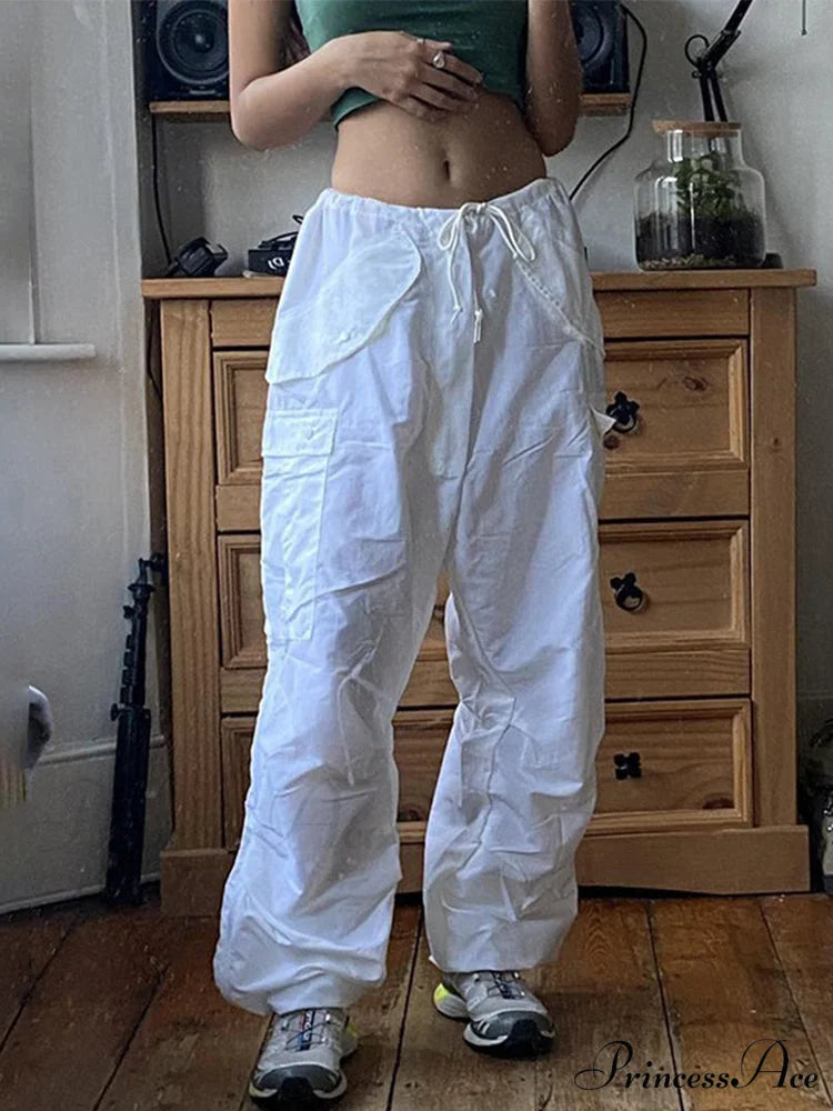 Drawstring Baggy Y2K Cargo Pants White Zipper / S