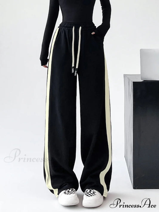 Drawstring Contrast Trim Trendy Wide Leg Sweatpants