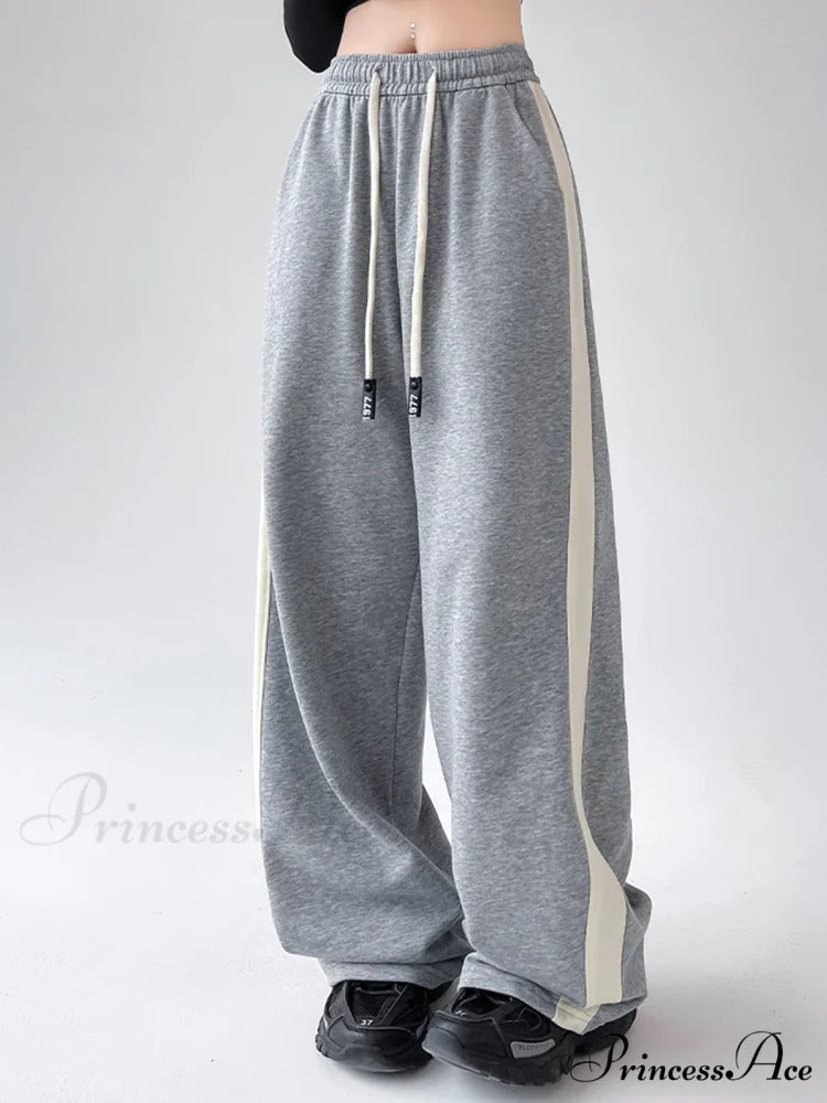 Drawstring Contrast Trim Trendy Wide Leg Sweatpants Light Grey / XS