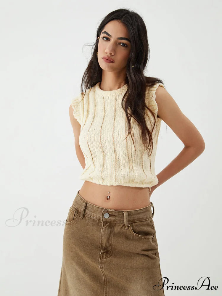 Drawstring Crochet Graceful Sweater Vest White / S