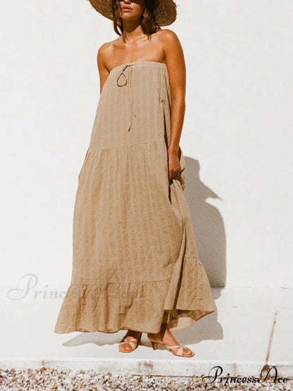 Drawstring Draped Stylish Holiday Style Dress Brown / S