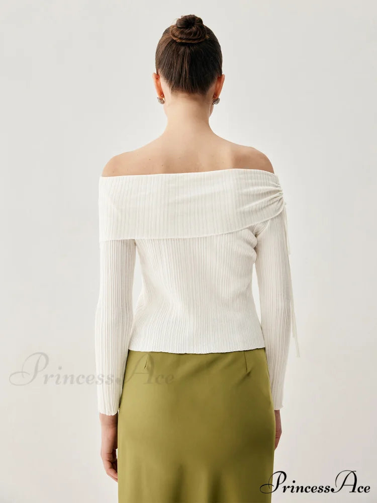 Drawstring Overfold Off Shoulder Modern Slit Ribbed Knit Top
