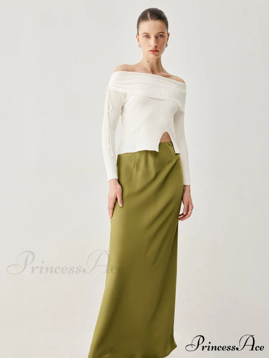 Drawstring Overfold Off Shoulder Modern Slit Ribbed Knit Top