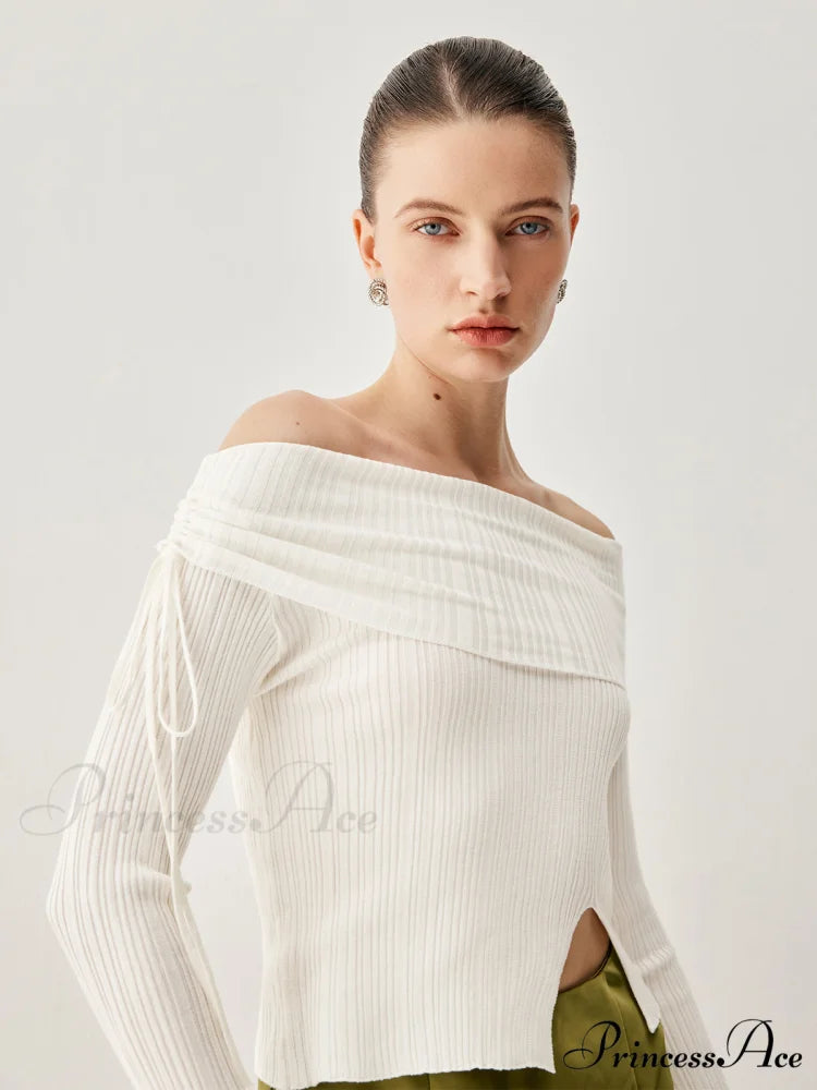 Drawstring Overfold Off Shoulder Modern Slit Ribbed Knit Top White / S