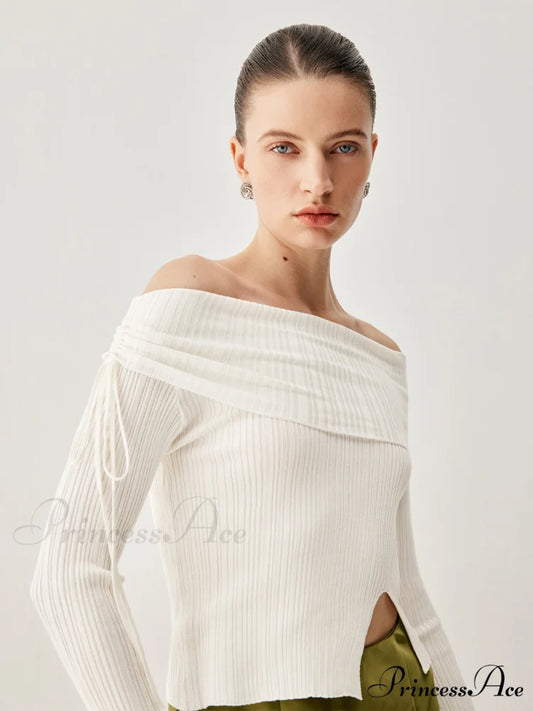Drawstring Overfold Off Shoulder Modern Slit Ribbed Knit Top White / S