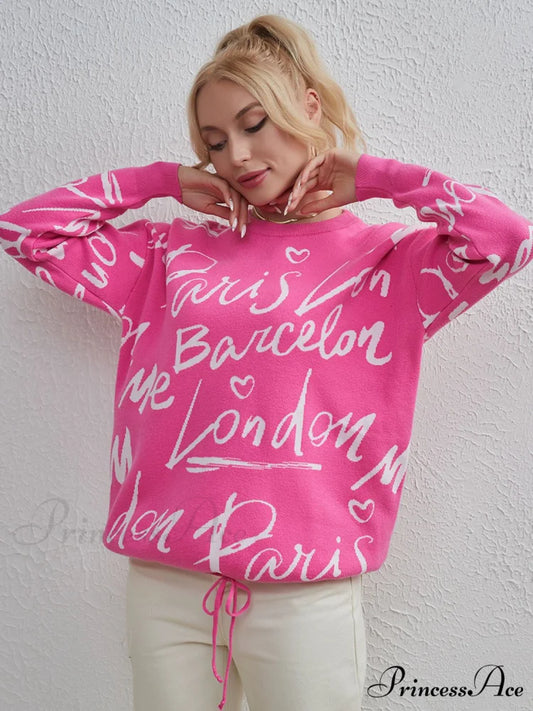 Drawstring Round Neck Sweater Hot Pink / One Size