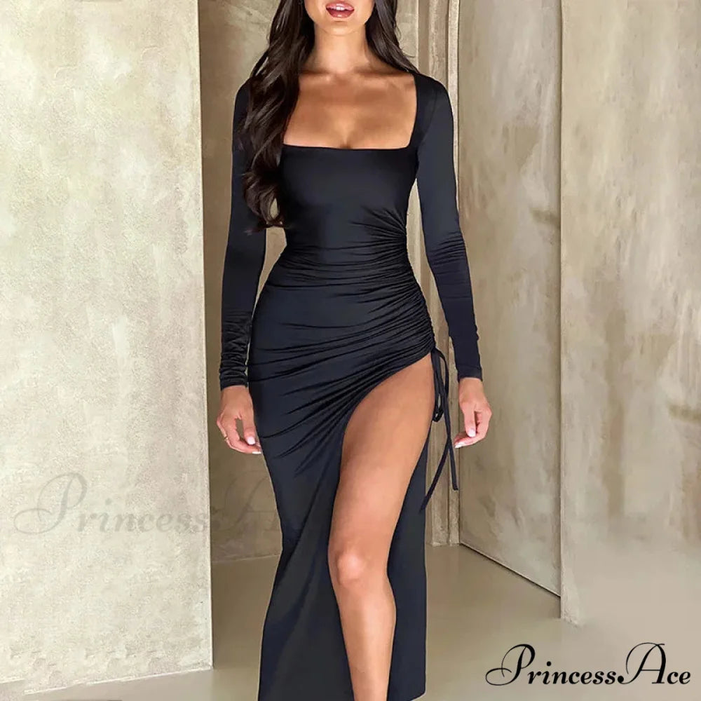 Drawstring Ruched High-split Club-ready Square-necked Long-sleeved Sensual Midi Dress Black / S