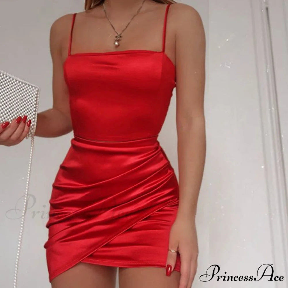 Dreamy In Satin Charming Ruched Mini Dress Red / S