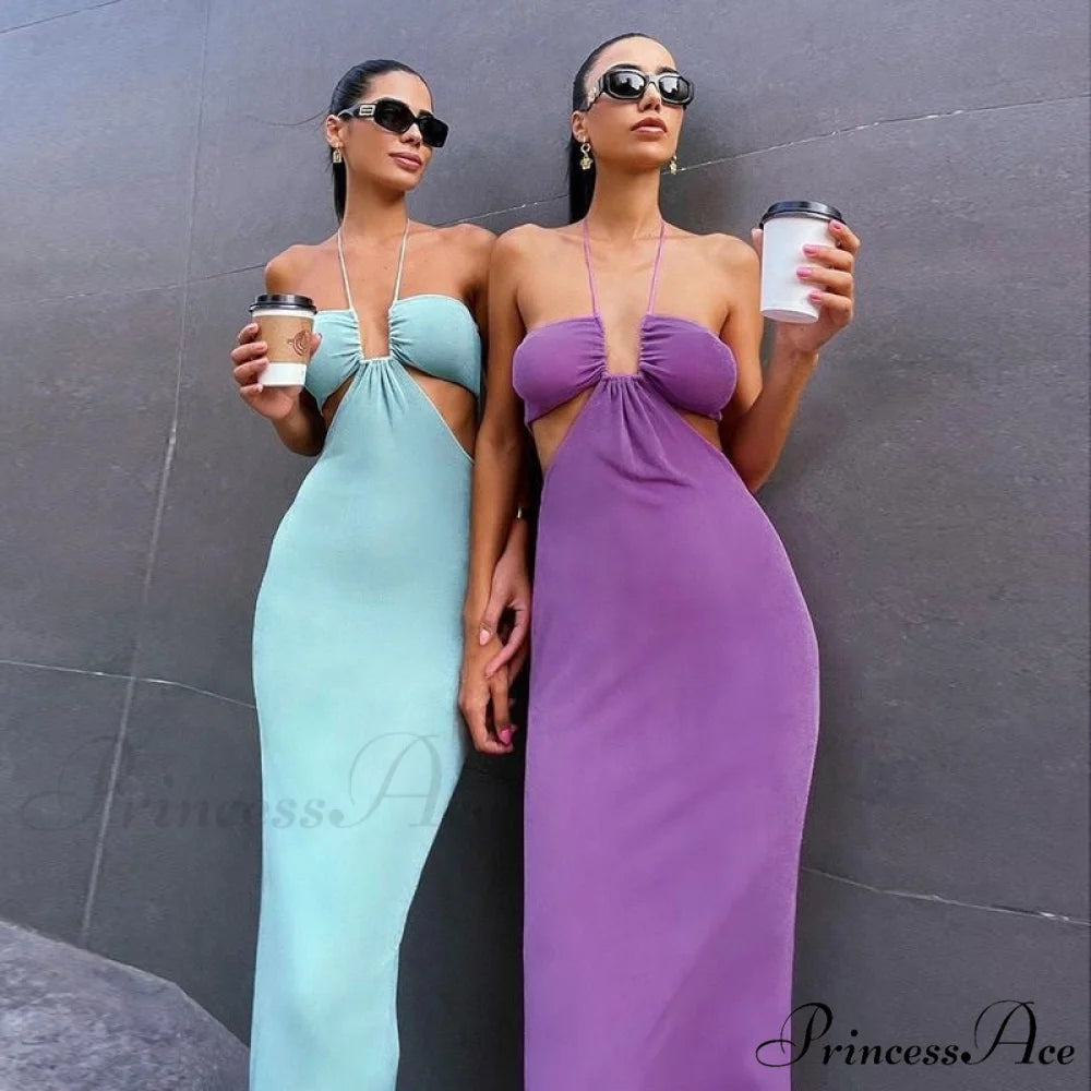 Dresses Women Backless Out Cut Full-Length Hollow Split Warm-Season Long Clubwear Out Midi Corset Wrap Halter Gown Robe