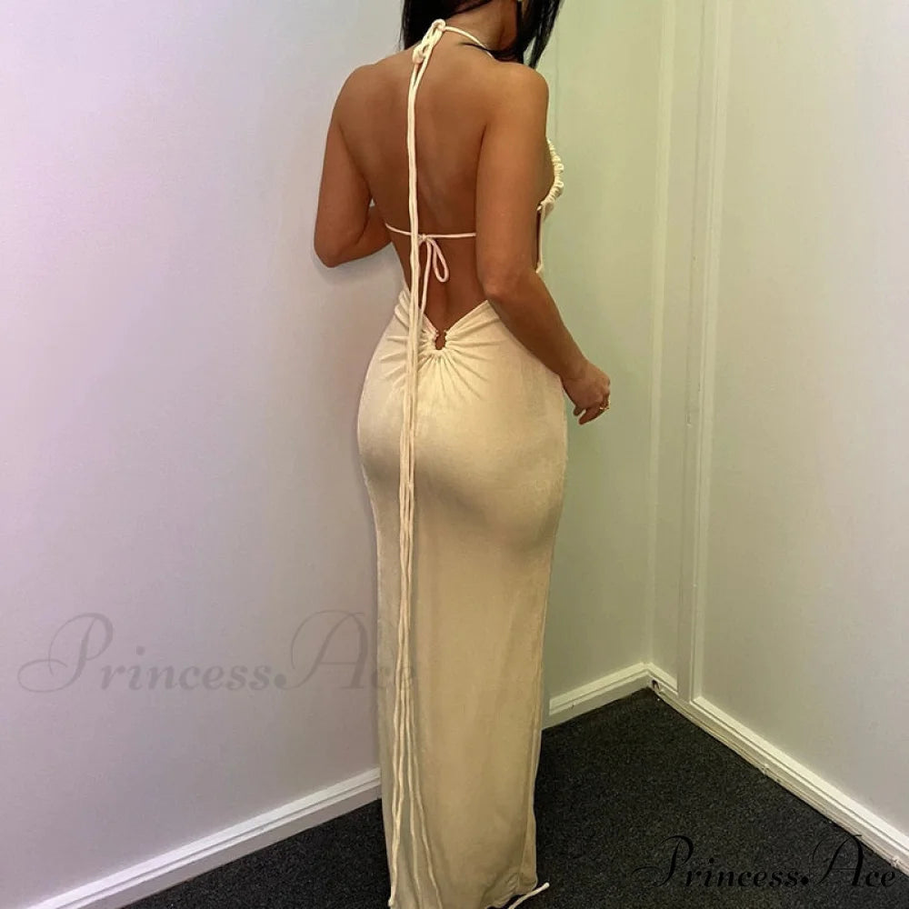 Dresses Women Backless Out Cut Full-Length Hollow Split Warm-Season Long Clubwear Out Midi Corset Wrap Halter Gown Robe
