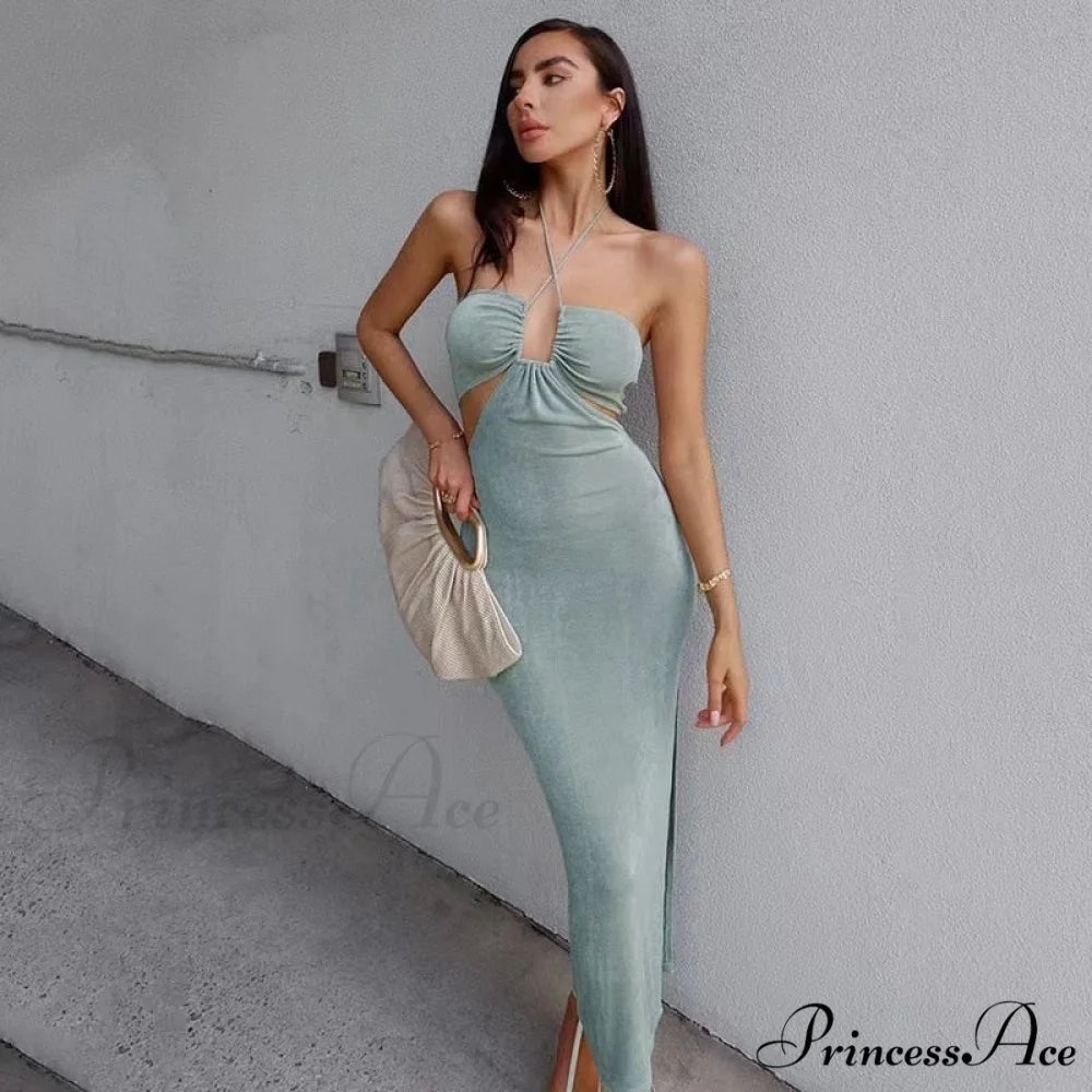 Dresses Women Backless Out Cut Full-Length Hollow Split Warm-Season Long Clubwear Out Midi Corset Wrap Halter Gown Robe