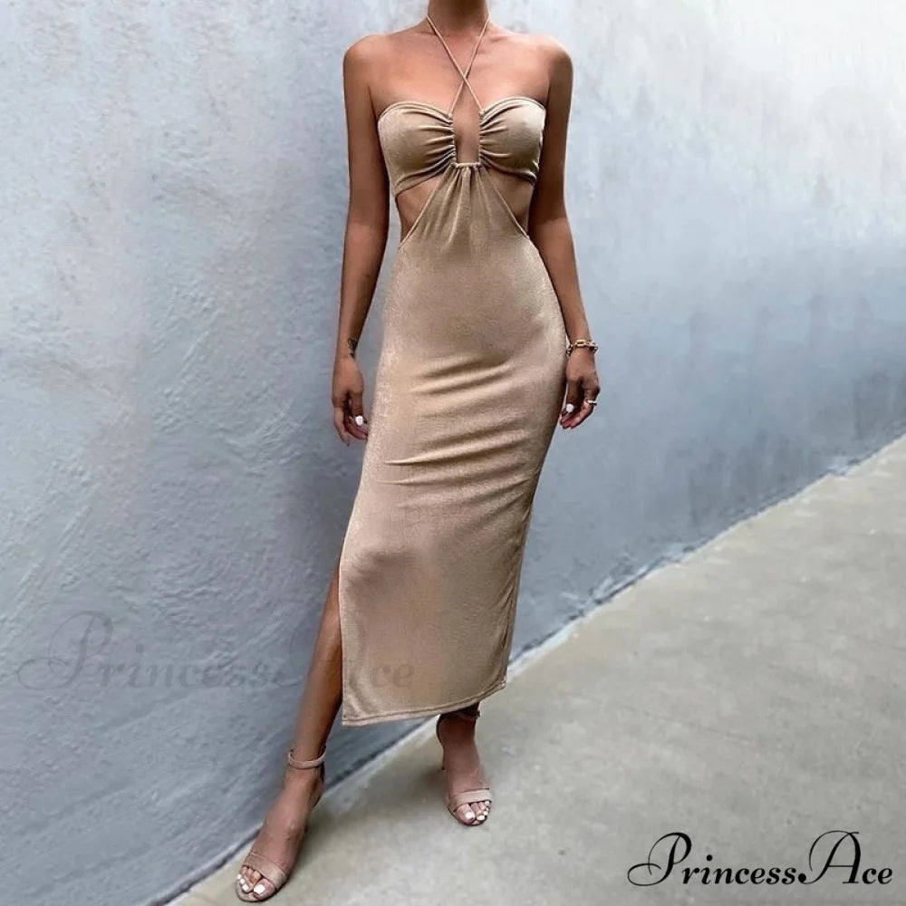 Dresses Women Backless Out Cut Full-Length Hollow Split Warm-Season Long Clubwear Out Midi Corset Wrap Halter Gown Robe
