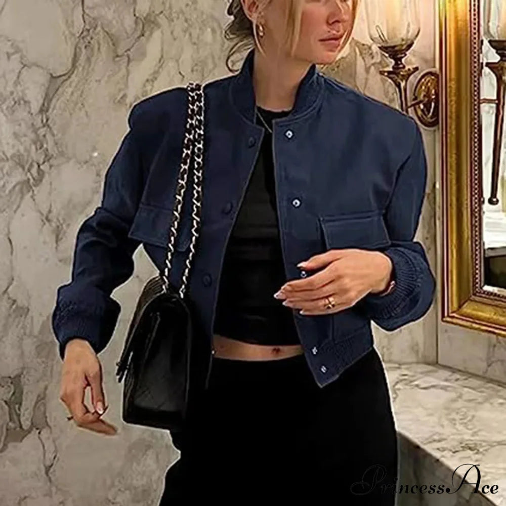 Dressy Long Sleeve Cropped Wi Pocket Slim Button Overwear Soild Chic Stylish Elegant Fashionable Cardigan Winter Jacket