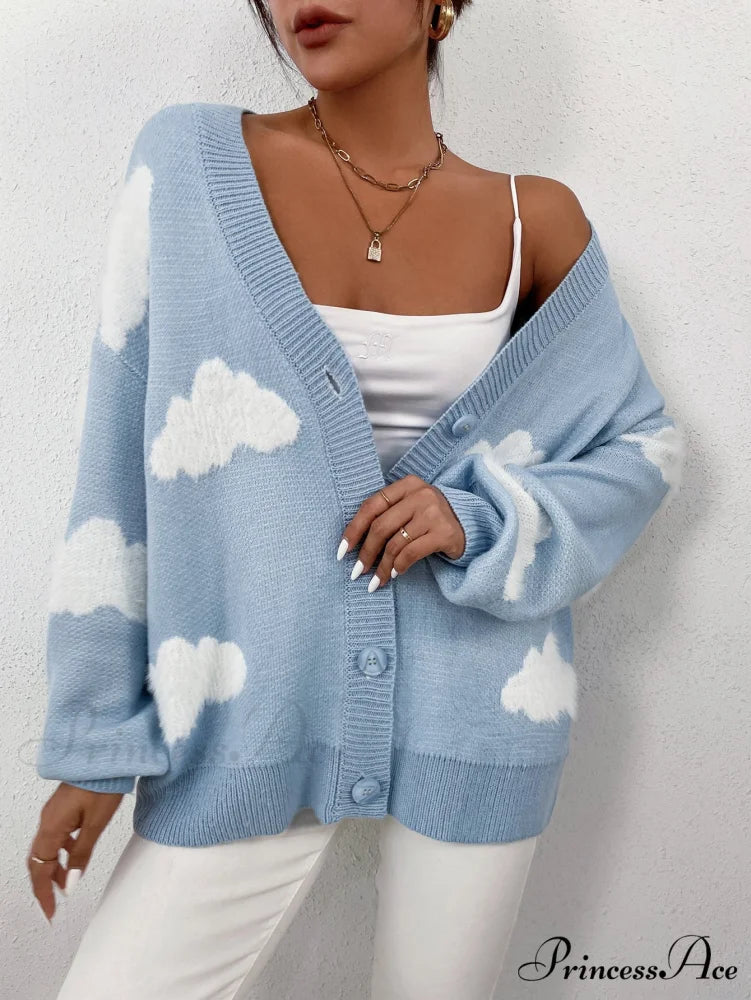 Drop Shoulder Cloud Pattern Cardigan