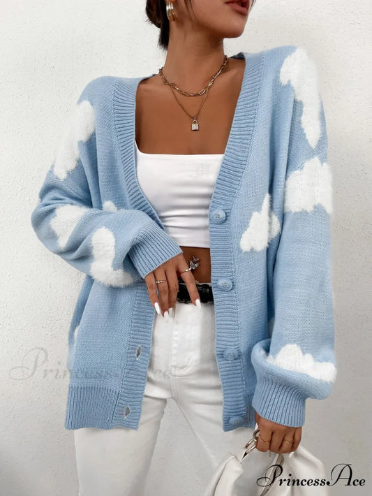Drop Shoulder Cloud Pattern Cardigan